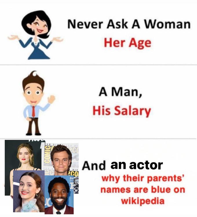 F A COMICE Never Ask A Woman Her Age SAN DI SAN DI CO INTERNA SAN D 20 NATION DIE ECO Sa INT A Man, His Salary And an actor why their parents' names are blue on wikipedia