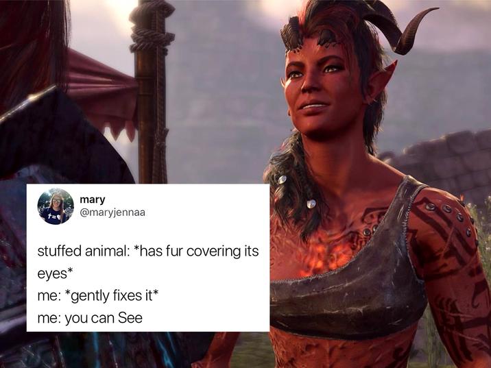 t= mary @maryjennaa stuffed animal: *has fur covering its eyes* me: *gently fixes it* me: you can See