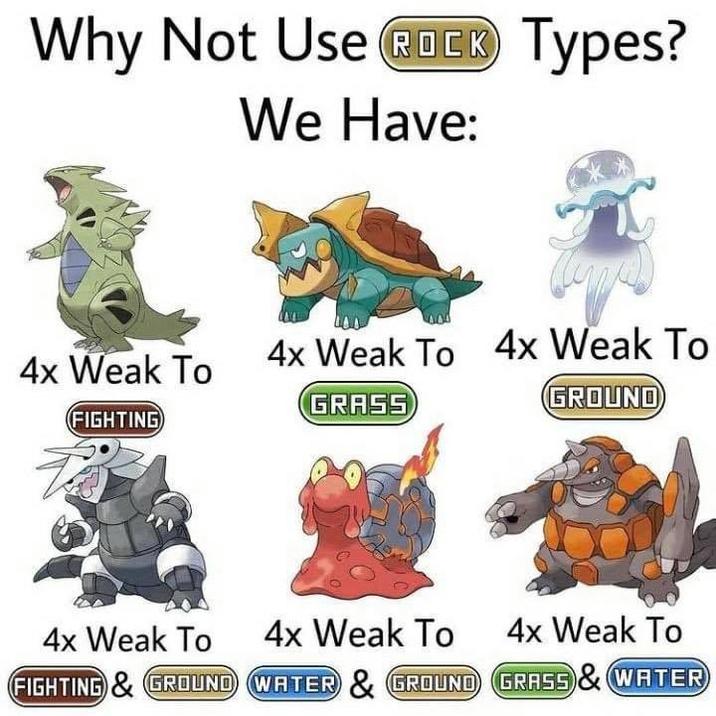 Why Not Use ROCK Types? We Have: 4x Weak To FIGHTING 4x Weak To FIGHTING & GROUND 4x Weak To 4x Weak To GRASS GROUND 4x Weak To WATER & GROUND 4x Weak To GRASS & WATER