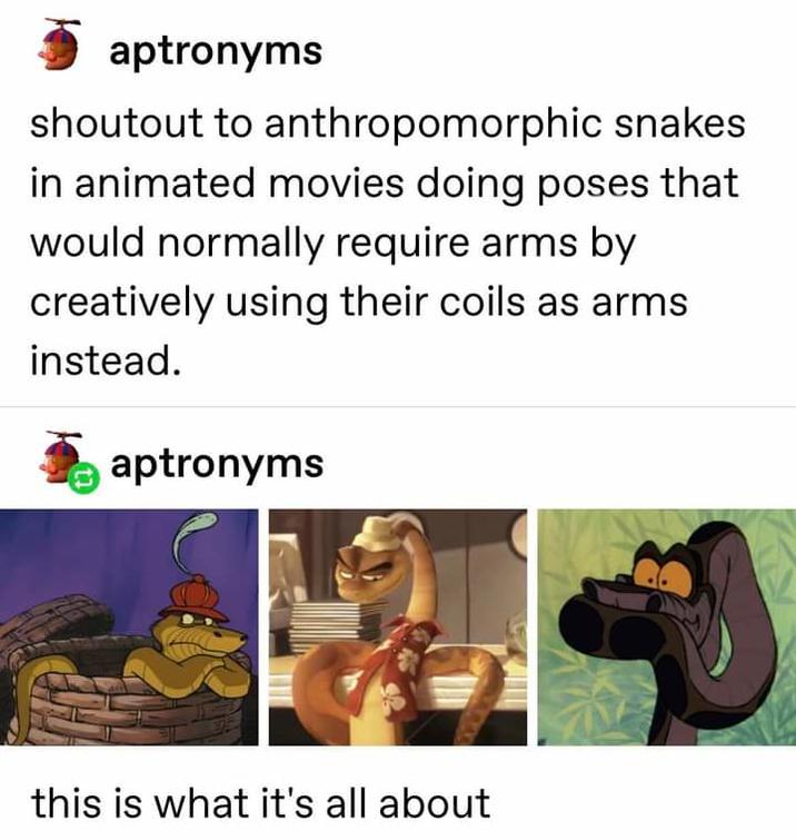 aptronyms shoutout to anthropomorphic snakes in animated movies doing poses that would normally require arms by creatively using their coils as arms instead. aptronyms this is what it's all about