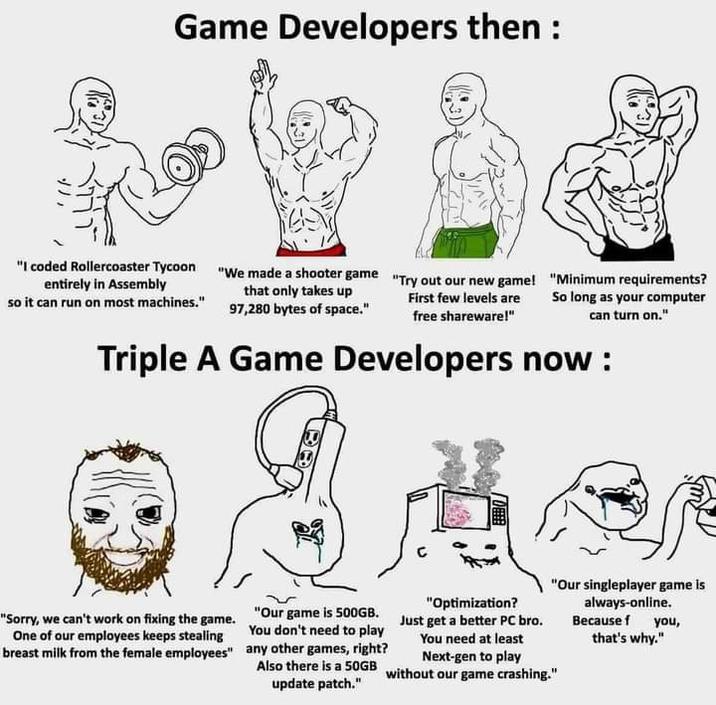 Game Developers then : "I coded Rollercoaster Tycoon entirely in Assembly so it can run on most machines." "We made a shooter game "Try out our new game! "Minimum requirements? that only takes up 97,280 bytes of space." First few levels are free shareware!" So long as your computer can turn on." Triple A Game Developers now : "Sorry, we can't work on fixing the game. One of our employees keeps stealing breast milk from the female employees" OFFEE "Our game is 500GB. You don't need to play any other games, right? Also there is a 50GB update patch." "Our singleplayer game is always-online. Because f you, that's why." "Optimization? Just get a better PC bro. You need at least Next-gen to play without our game crashing."