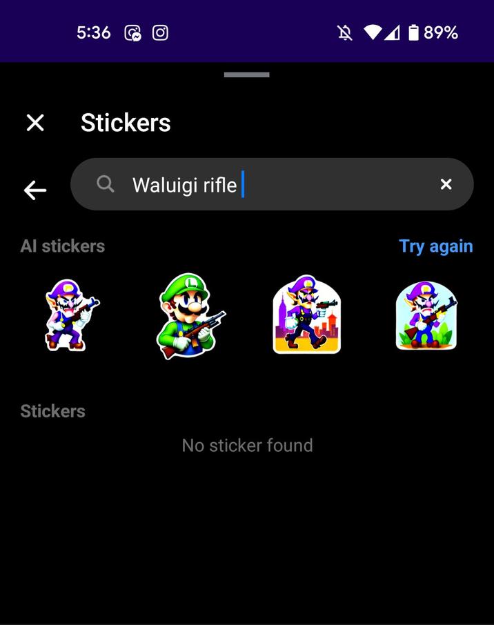 5:36 × Stickers F Al stickers Stickers Waluigi rifle No sticker found 89% X Try again