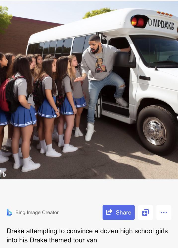 ib Bing Image Creator Share OMPDAKE ... Drake attempting to convince a dozen high s----------- into his Drake themed tour van