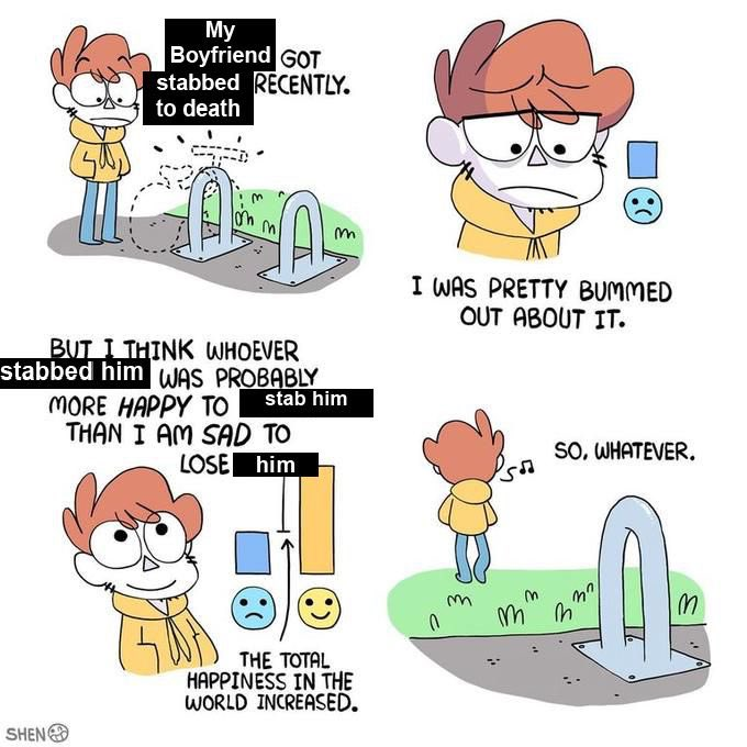 My Boyfriend GOT stabbed RECENTLY. to death A BUT I THINK WHOEVER stabbed him WAS PROBABLY MORE HAPPY TO stab him THAN I AM SAD TO LOSE him SHEN THE TOTAL HAPPINESS IN THE WORLD INCREASED. I WAS PRETTY BUMMED OUT ABOUT IT. 0 S♫ ((:) SO, WHATEVER. M m m 3 M