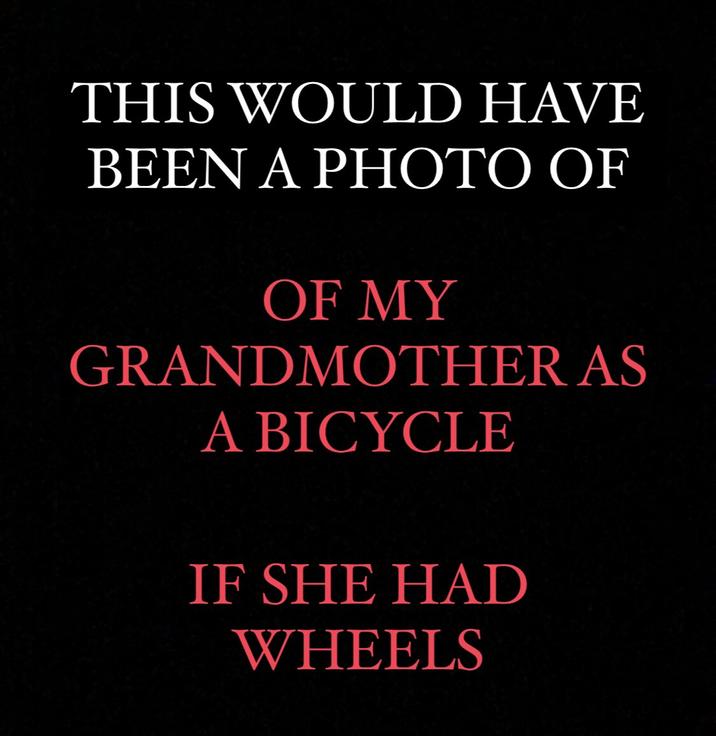 THIS WOULD HAVE BEEN A PHOTO OF OF MY GRANDMOTHER AS A BICYCLE IF SHE HAD WHEELS