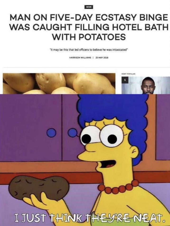 NEWS MAN ON FIVE-DAY ECSTASY BINGE WAS CAUGHT FILLING HOTEL BATH WITH POTATOES "It may be this that led officers to believe he was intoxicated" HARRISON WILLIAMS | 23 MAY 2018 MOST POPULAR I JUST THINK THEY'RE NEAT.