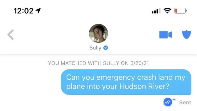 12:02 1 < Sully > YOU MATCHED WITH SULLY ON 3/20/21 Can you emergency crash land my plane into your Hudson River? Sent