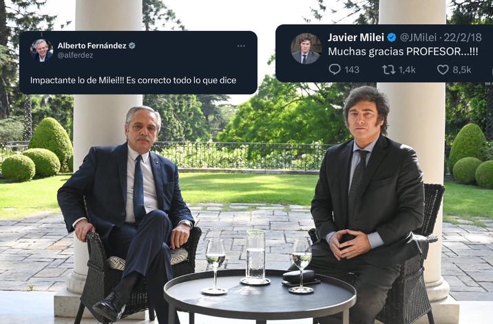 Reference to an exchange between them that took place before any of them were president for different political parties, that acquired a lot of traction after Milei won the presidential elections.
A rough translation is:

* Milei's speech is impactful! Everything he says is correct.
* Thanks a lot, professor!

<blockquote class="twitter-tweet"><p lang="es" dir="ltr">Impactante lo de Milei!!! Es correcto todo lo que dice</p>&mdash; Alberto Fernández (@alferdez) <a href="https://twitter.com/alferdez/status/966463124504236032?ref_src=twsrc%5Etfw">February 22, 2018</a></blockquote> <script async src="https://platform.twitter.com/widgets.js" charset="utf-8"></script> 

<blockquote class="twitter-tweet"><p lang="es" dir="ltr">Muchas gracias PROFESOR...!!!</p>&mdash; Javier Milei (@JMilei) <a href="https://twitter.com/JMilei/status/966795313209135104?ref_src=twsrc%5Etfw">February 22, 2018</a></blockquote> <script async src="https://platform.twitter.com/widgets.js" charset="utf-8"></script> 