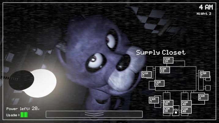 Power left: 28x Usage: Supply Closet SAM CAM 1C САМ CAM 1A CAM 1B CAM 2A CAM 4A CAM SBM YOU SOM CAM 4B 4 AM Night 2 CAM CAM 6