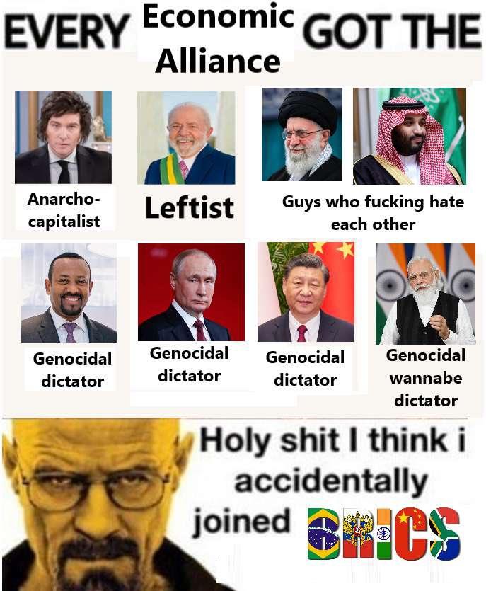 EVERY Economic GOT THE Alliance Anarcho- Leftist capitalist Guys who f------ hate each other Genocidal Genocidal Genocidal dictator dictator dictator Genocidal wannabe dictator H-------- I think i accidentally joined C
