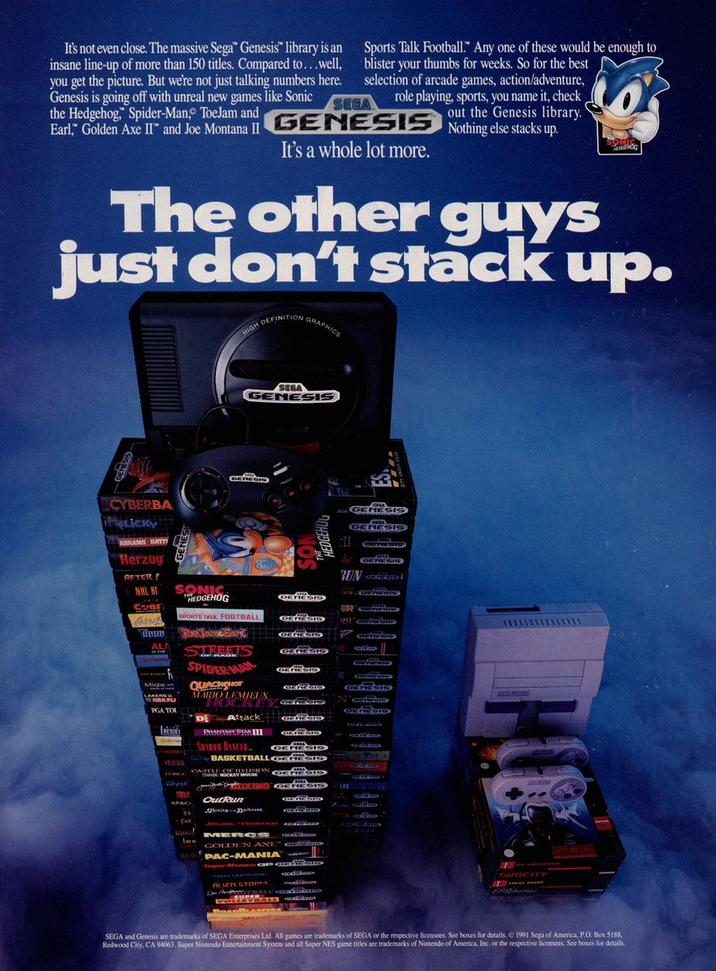 A 1991 Advertisement comparing the Genesis's lineup to that of the SNES.

Although the SNES launched in North America with only 6 games, this number exceeded 30 by the end of 1991. By the end of their lives in North America, the two platforms had slightly over 700 games each released in the region.