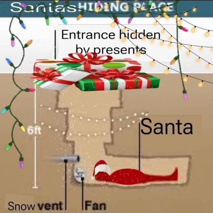 SeniasHIDING PLACE Entrance hidden by presents 6ft Snow vent Fan Santa