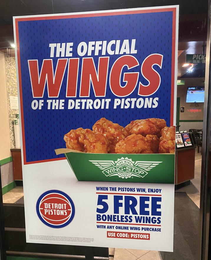 On 1 BE THE OFFICIAL WANGS OF THE DETROIT PISTONS DETROIT PISTONS Merry ww CITES ( WING THE WING-STOP WHEN THE PISTONS WIN, ENJOY 5 FREE BONELESS WINGS WITH ANY ONLINE WING PURCHASE USE CODE: PISTONS PC MEAL FOR TWO PICK ONLINE/CAL ទៅខែ១៣