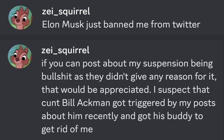 zei_squirrel Elon Musk just banned me from twitter zei_squirrel if you can post about my suspension being b------- as they didn't give any reason for it, that would be appreciated. I suspect that c--- Bill Ackman got triggered by my posts about him recently and got his buddy to get rid of me