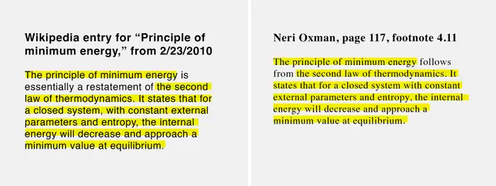 Wikipedia entry for "Principle of minimum energy," from 2/23/2010 The principle of minimum energy is essentially a restatement of the second law of thermodynamics. It states that for a closed system, with constant external parameters and entropy, the internal energy will decrease and approach a minimum value at equilibrium. Neri Oxman, page 117, footnote 4.11 The principle of minimum energy follows from the second law of thermodynamics. It states that for a closed system with constant external parameters and entropy, the internal energy will decrease and approach a minimum value at equilibrium.