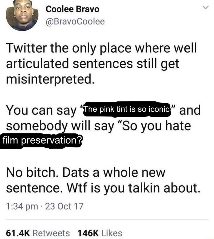 Coolee Bravo @BravoCoolee Twitter the only place where well articulated sentences still get misinterpreted. You can say "The pink tint is so iconic" and somebody will say "So you hate film preservation? No bitch. Dats a whole new sentence. W-- is you talkin about. 1:34 pm. 23 Oct 17 61.4K Retweets 146K Likes