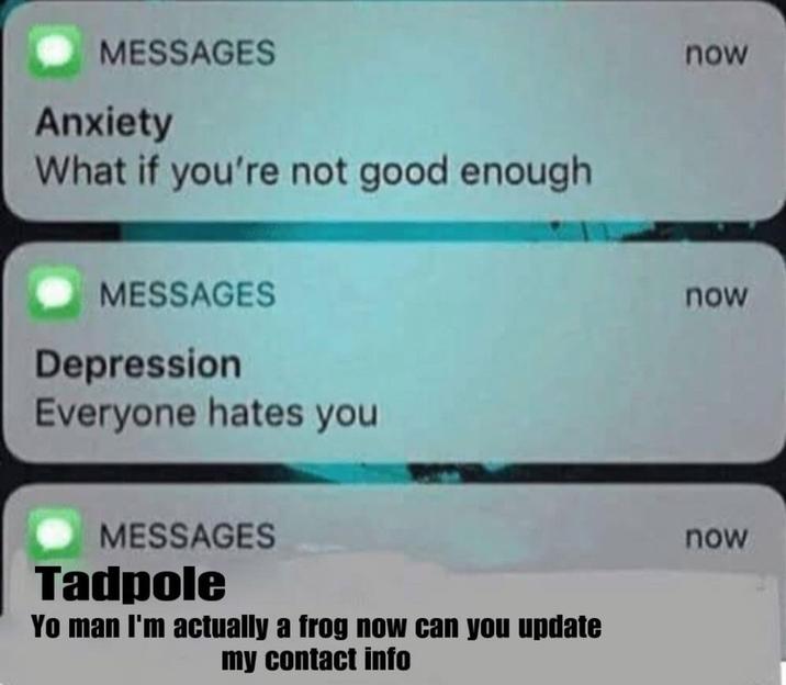 MESSAGES Anxiety What if you're not good enough MESSAGES Depression Everyone hates your MESSAGES Tadpole Yo man I'm actually a frog now can you update my contact info now now now