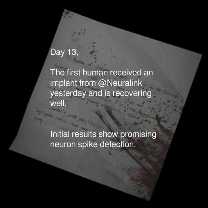 Day 13, The first human received an implant from @Neuralink yesterday and is recovering well. Initial results show promising neuron spike detection.