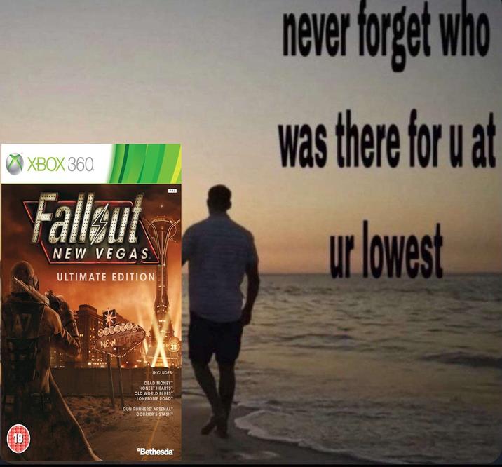 l 1666 18 XBOX 360. Fallout NEW VEGAS. ULTIMATE EDITION MEDCOM NEW MAIN PAL 38 INCLUDES: DEAD MONEY™ HONEST HEARTS OLD WORLD BLUES LONESOME ROAD™ GUN RUNNERS ARSENAL" COURIER'S STASH™ "Bethesda never forget who was there for u at ur lowest