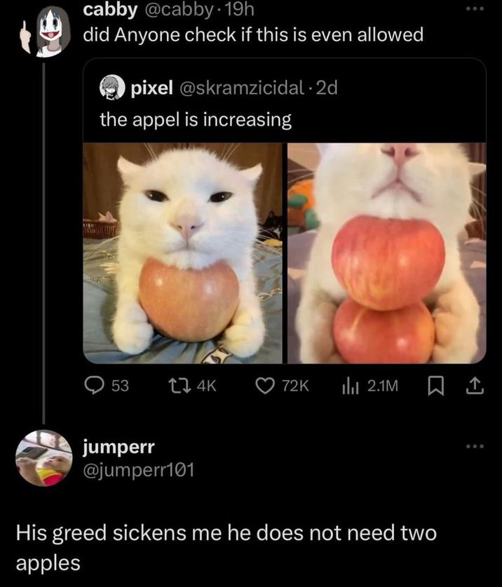 cabby @cabby 19h did Anyone check if this is even allowed pixel @skramzicidal - 2d the appel is increasing 53 jumperr @jumperr101 4K 72K ₁2.1M 口企 His greed sickens me he does not need two apples