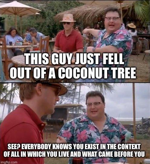 THIS GUY JUST FELL OUT OF A COCONUT TREE ww SEE? EVERYBODY KNOWS YOU EXIST IN THE CONTEXT OF ALL IN WHICH YOU LIVE AND WHAT CAME BEFORE YOU imgflip.com