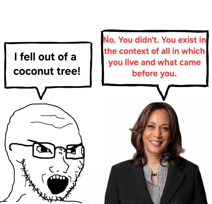 I fell out of a coconut tree! No. You didn't. You exist in the context of all in which you live and what came before you.