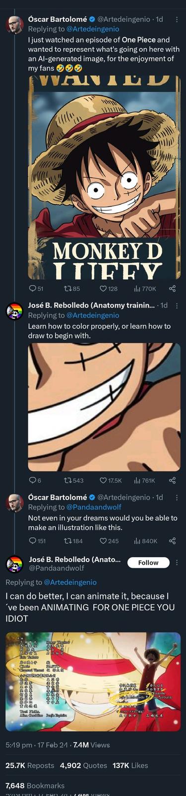  artist animator José B. Rebolledo destroys AI guy who made a poorly done Luffy graphic ,Officially Best ratio of 2024

