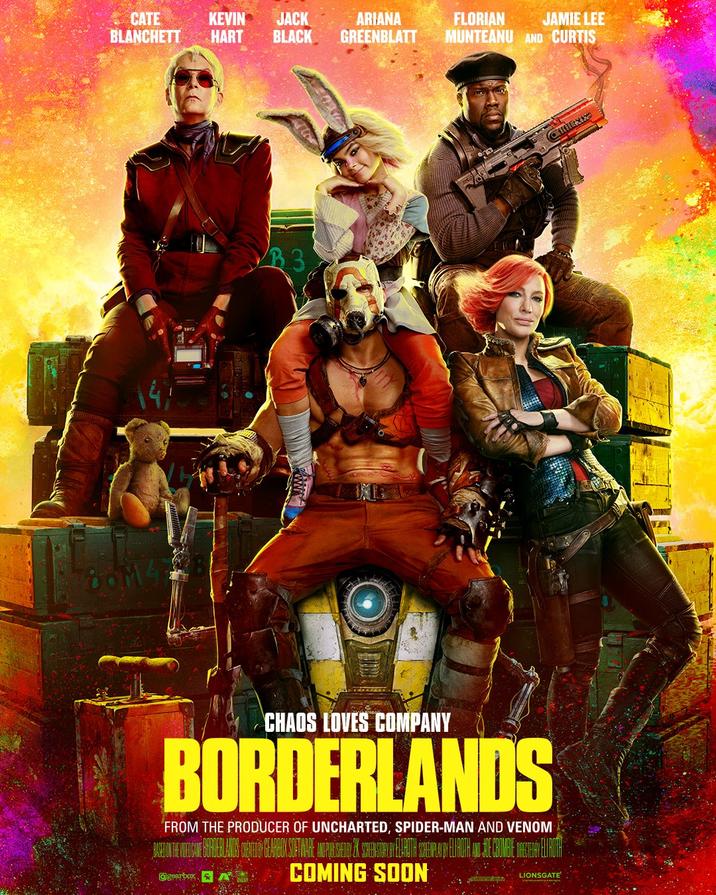 CATE KEVIN JACK ARIANA BLANCHETT HART BLACK GREENBLATT B3 FLORIAN JAMIE LEE MUNTEANU AND CURTIS HAR CHIENS CHAOS LOVES COMPANY BORDERLANDS FROM THE PRODUCER OF UNCHARTED, SPIDER-MAN AND VENOM BASED ON THEVIDEOGAME BORDERLANDS CORNELIGE GEARBOX SOFTWARE AMO PUBLISHEDBY 2K SPRENSTORY BYBELARBOTH SCREEPLAYBY EL ROTH A @gearbox A COMING SOON LIONSGATE BY