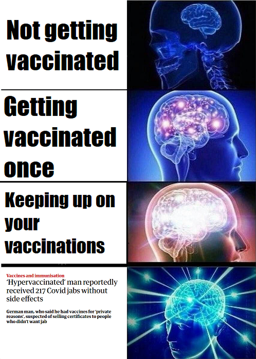 Not getting vaccinated Getting vaccinated once Keeping up on your vaccinations Vaccines and immunisation 'Hypervaccinated' man reportedly received 217 Covid jabs without side effects German man, who said he had vaccines for private reasons, suspected of selling certificates to people who didn't want jab