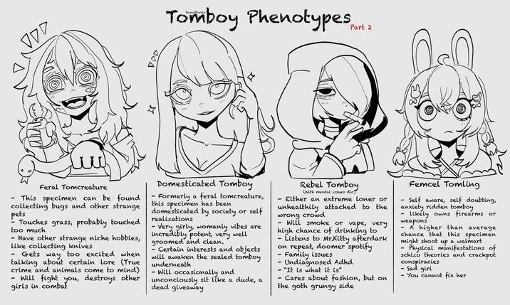 DDD Tomboy Phenotypes Part 2 - Feral Tomcreature This specimen can be found collecting bugs and other strange pets - Touches grass, probably touched too much - Have other strange niche hobbies, like collecting knives - Gets way too excited when talking about certain lore (True crime and animals come to mind) Will fight you, destroys other girls in combat Domesticated Tomboy Formerly a feral tomcreature, this specimen has been domesticated by society or self realizations - Very girly, womanly vibes are incredibly potent, very well groomed and clean. Certain interests and objects will awaken the sealed tomboy underneath Will occasionally and unconciously sit like a dude, a dead giveaway Rebel Tomboy. (With mental issues dlc) Either an extreme loner or unhealthily attached to the wrong crowd - - Will smoke or vape, very high chance of drinking to Listens to Mr.Kitty afterdark on repeat, doomer spotify - Family issues - Undiagnosed Adhd - "It is what it is" Cares about fashion, but on the goth grungy side Femcel Tomling Self aware, self doubting, anxiety ridden tomboy Likely owns firearms or weapons A higher than average chance that this specimen might shoot up a walmart Physical manifestations of schizo theories and crackpot conspiracies Sad girl - You cannot fix her