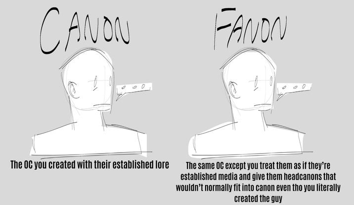 CANON FANON 9 D 9 D The OC you created with their established lore The same OC except you treat them as if they're established media and give them headcanons that wouldn't normally fit into canon even tho you literally created the guy