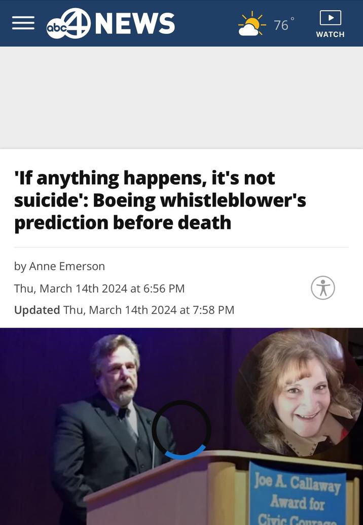 abc 4 NEWS о 76° 'If anything happens, it's not suicide': Boeing whistleblower's prediction before death by Anne Emerson Thu, March 14th 2024 at 6:56 PM Updated Thu, March 14th 2024 at 7:58 PM WATCH Joe A. Callaway Award for Civic Conran
