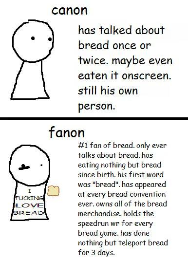 I F------ LOVE BREAD canon has talked about bread once or twice. maybe even eaten it onscreen. still his own person. fanon #1 fan of bread. only ever talks about bread. has eating nothing but bread since birth. his first word was "bread". has appeared at every bread convention ever. owns all of the bread merchandise. holds the speedrun wr for every bread game. has done nothing but teleport bread for 3 days.