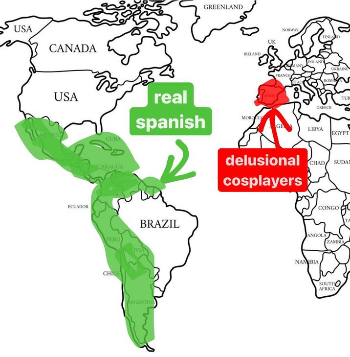 USA CANADA USA MEXICO 2 CUBA real spanish ECUADOR CARAGUA BRAZIL PERU IVIA CHIE ARGENTINA GREENLAND IRELAND UK NORWAY FINLAND POLAND MANY UKRAINE FRANCE ITALY ROMAN SPAIN 8 TUR GREECE MOROCCO GE LIBYA EGYPT delusional cosplayers CHAD SUDA CONGO ANGOLA ZAMBIA NAMIBIA SOUTHO AFRICA