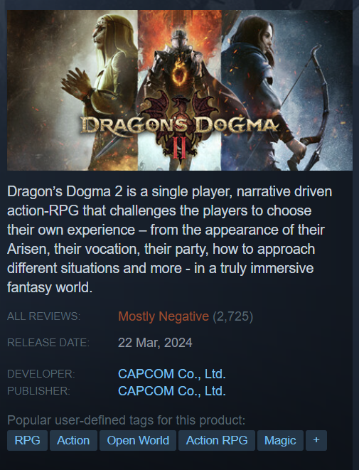 DRAGON'S DOGMA Dragon's Dogma 2 is a single player, narrative driven action-RPG that challenges the players to choose their own experience - from the appearance of their Arisen, their vocation, their party, how to approach different situations and more - in a truly immersive fantasy world. ALL REVIEWS: Mostly Negative (2,725) RELEASE DATE: 22 Mar, 2024 DEVELOPER: CAPCOM Co., Ltd. PUBLISHER: CAPCOM Co., Ltd. Popular user-defined tags for this product: RPG Action Open World Action RPG Magic +