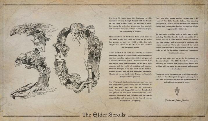 30 It's been 30 years since the beginning of this incredible journey through Tamriel with the launch of The Elder Scrolls: Arena. It's amazing to think how much the series has grown, and how much it still means to everyone, and that is all thanks to you, our community of players. Many hundreds of developers have spent time on The Elder Scrolls over those 30 years. As the series has grown, so have we. Still to this day, each chapter has aimed to let all of us live another life, in another world. Arena started it all, with the entirety of Tamriel generated for you to explore freely. Daggerfall moved that into a smaller region with political intrigue and a detailed character system. Morrowind took it to new exotic lands and introduced the series to both consoles and the world of modding and creators. Oblivion brought us to the heart of the Empire, realms beyond, and all new gameplay mechanics. Skyrim let you do battle with dragons in Tamriel's harsh northern province. work One of our goals has been to make sure everyone can still enjoy these games today, and we continue to on new ways for you to experience them. Arena and Daggerfall can be downloaded and played for free from ElderScrolls.com. Xbox supports Morrowind and Oblivion with backwards compatibility and upgraded to 4k. And of course, Skyrim is on...everything. 10 This year also marks another anniversary years of The Elder Scrolls Online. Our amazing colleagues at ZeniMax Online Studios have nurtured a game and community that has become one of the biggest and best there is. We have other exciting projects underway as well, including The Elder Scrolls: Castles on mobile. It's a unique take on a castle builder where you control your own dynasty and is currently in soft-launch in several countries. We've also launched the latest version of Creations in Skyrim where you can more easily get all the incredible content our community continues to create. Last but not least, yes, we are in development on the next chapter The Elder Scrolls VI. Even now, returning to Tamriel and playing early builds has us filled with the same joy, excitement, and promise of adventure. Thank you again for supporting us all these decades, and all you have brought to the games, making them your own. We couldn't be more excited to continue it and celebrate the next 30 years. Bethesda Game Studies The Elder Scrolls