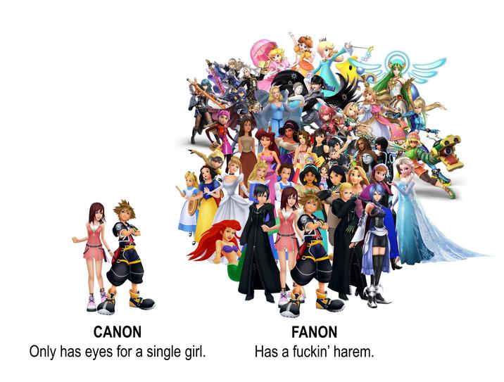 CANON Only has eyes for a single girl. * FANON e XXXXX Has a f-----' harem. WAY