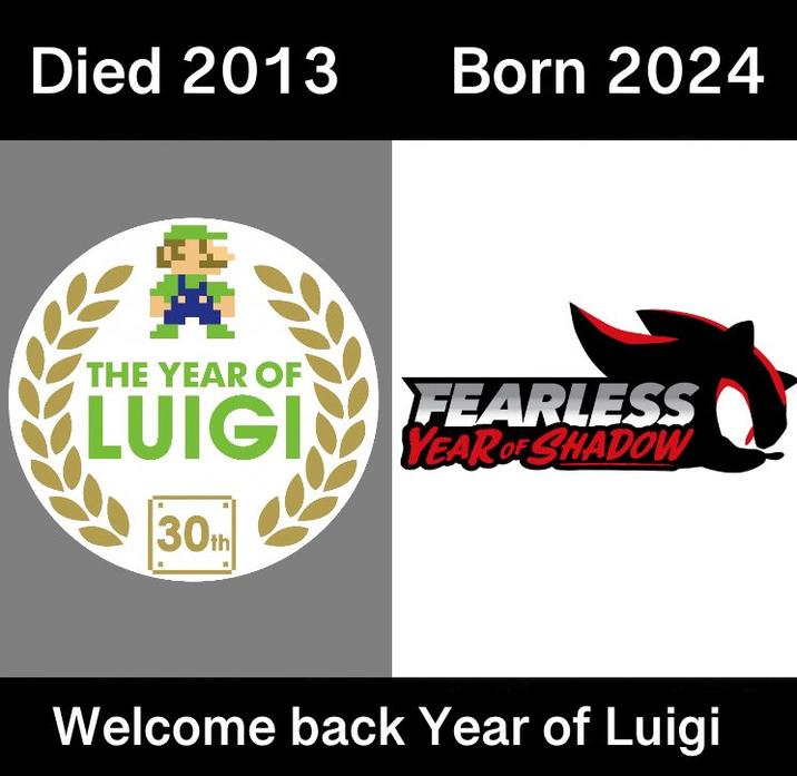 Died 2013 Born 2024 THE YEAR OF LUIGI 30th FEARLESS YEAR OF SHADOW Welcome back Year of Luigi