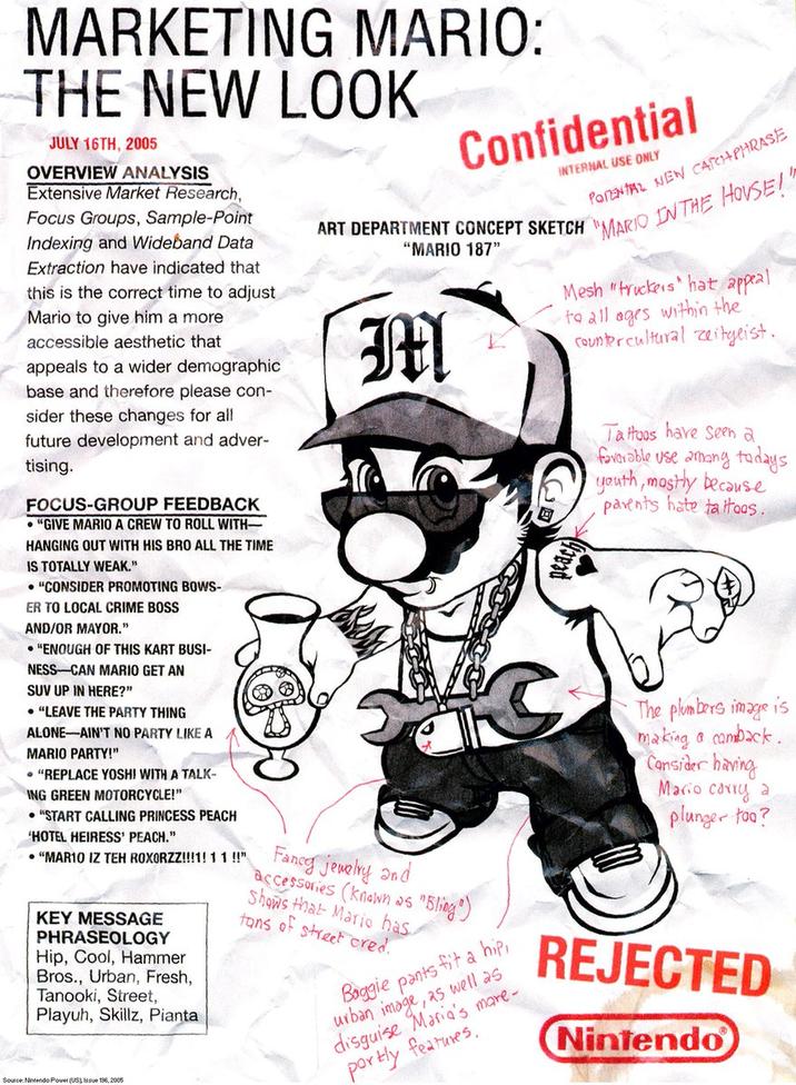 MARKETING MARIO: THE NEW LOOK JULY 16TH, 2005 OVERVIEW ANALYSIS Extensive Market Research, Focus Groups, Sample-Point Indexing and Wideband Data Extraction have indicated that this is the correct time to adjust Mario to give him a more accessible aesthetic that appeals to a wider demographic base and therefore please con- sider these changes for all future development and adver- tising. FOCUS-GROUP FEEDBACK "GIVE MARIO A CREW TO ROLL WITH HANGING OUT WITH HIS BRO ALL THE TIME IS TOTALLY WEAK." "CONSIDER PROMOTING BOWS- ER TO LOCAL CRIME BOSS AND/OR MAYOR." "ENOUGH OF THIS KART BUSI- NESS CAN MARIO GET AN SUV UP IN HERE?" • "LEAVE THE PARTY THING ALONE-AIN'T NO PARTY LIKE A MARIO PARTY!" "REPLACE YOSHI WITH A TALK- ING GREEN MOTORCYCLE!" "START CALLING PRINCESS PEACH 'HOTEL HEIRESS' PEACH." • "MAR10 IZ TEH ROXORZZ!!!1!11!!" KEY MESSAGE PHRASEOLOGY Hip, Cool, Hammer Bros., Urban, Fresh, Tanooki, Street, Playuh, Skillz, Pianta Source: Nintendo Power (US), Issue 196, 2005 Confidential INTERNAL USE ONLY PORENTAL NEW CATCHPHRASE ART DEPARTMENT CONCEPT SKETCH MARIO IN THE HOUSE!" "MARIO 187" M Fancy jewelry and accessories (known as Shows that Mario has tons of street cred. Baggie pants fit a hip urban image, as well as disguise Maria's mare- portly features. Mesh "truckers" hat appeal to all ages within the countercultural zeitgeist. Tattoos have seen a favorable use among todays youth, mostly because parents hate tattoos. The plumbers image is making a comback. Consider having Mario carry a plunger too? REJECTED Nintendo