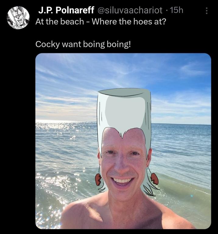 J.P. Polnareff @siluvaachariot • 15h At the beach - Where the hoes at? Cocky want boing boing!