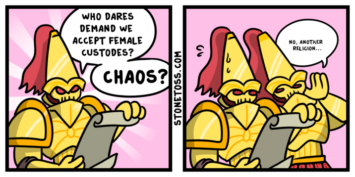 WHO DARES DEMAND WE ACCEPT FEMALE CUSTODES? CHAOS? STONETOSS.COM 00 NO, ANOTHER RELIGION... CA