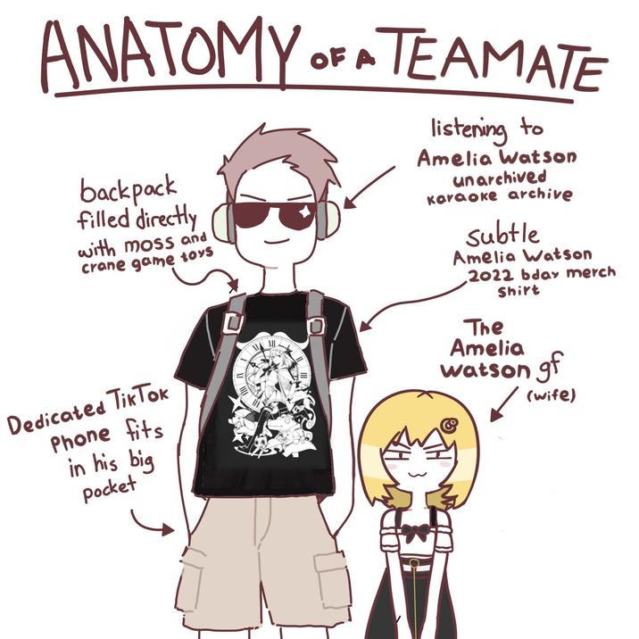 ANATOMY OF A TEAMATE backpack filled directly with moss and crane game toys Dedicated TikTok Phone fits in his big pocket listening to Amelia Watson unarchived Karaoke archive subtle Amelia Watson 2022 bday merch Shirt The Amelia watson gf (wife)