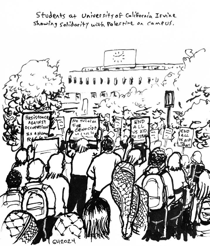 Students at University of California Irvine Showing solidarity with Palestine on campus. K 27. Resistance AGAINST OCCUPATION IS A HUMAN Re No Tuition FOR GENOCIDE лени END ALL US AID END ALL USAIP TO ISRA 10 642024