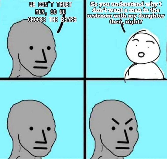 I'm not condoning transphobia or the notion trans women are “men trying to prey on women”, but the image does summarize a cognitive dissonance I noticed. It frustrates the hell out of me how many pro trans people I came across pick the bear, and accuse any man getting offended as being the "reason women pick the bear", without grasping that their reasoning is exact same that terfs use against trans women.