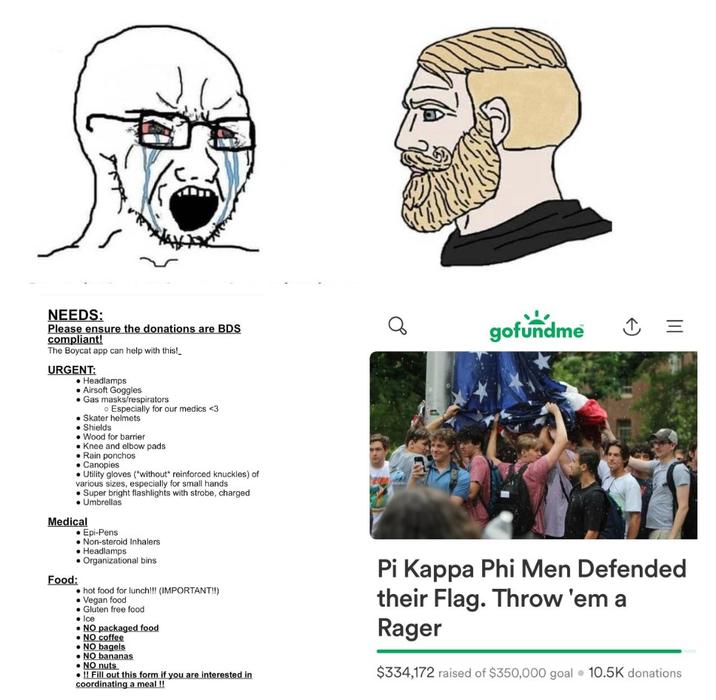 NEEDS: Please ensure the donations are BDS compliant! The Boycat app can help with this!_ URGENT: • Headlamps Airsoft Goggles Gas masks/respirators Especially for our medics <3 Skater helmets • Shields Wood for barrier Knee and elbow pads • Rain ponchos • Canopies Utility gloves ("without reinforced knuckles) of various sizes, especially for small hands Super bright flashlights with strobe, charged .Umbrellas Medical Food: ⚫ Epi-Pens Non-steroid Inhalers. • Headlamps •Organizational bins ⚫hot food for lunch!!! (IMPORTANT!!) • Vegan food Gluten free food. • Ice NO packaged food • NO coffee • NO bagels ⚫NO bananas .NO nuts ⚫!! Fill out this form if you are interested in coordinating a meal!! gofundme Ө = Pi Kappa Phi Men Defended their Flag. Throw 'em a Rager $334,172 raised of $350,000 goal 10.5K donations
