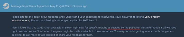Steam Support has confirmed it was Sony’s decision to restrict Helldivers 2 in countries and not Steam