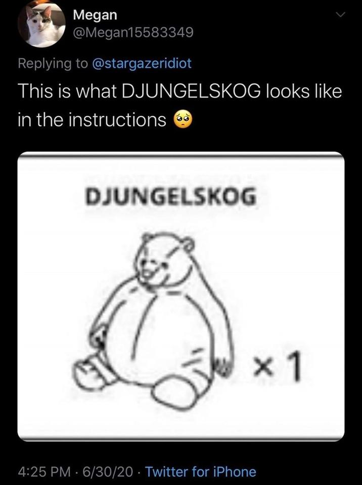 Megan @Megan15583349 Replying to @stargazeridiot This is what DJUNGELSKOG looks like in the instructions DJUNGELSKOG 4:25 PM 6/30/20 Twitter for iPhone . × 1