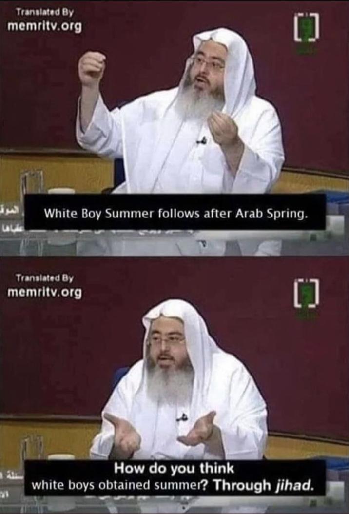 Translated By memritv.org الموق White Boy Summer follows after Arab Spring. Translated By memritv.org [] How do you think white boys obtained summer? Through jihad.