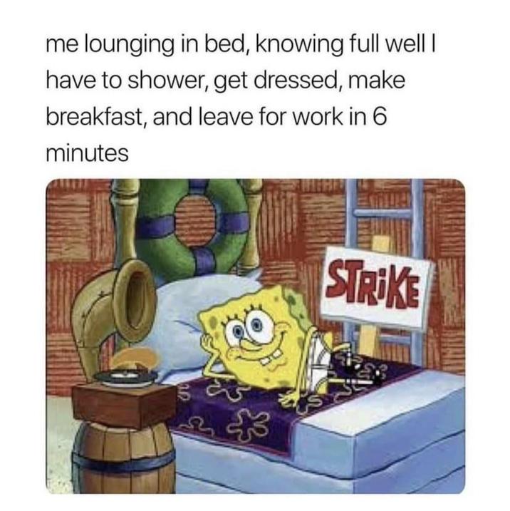 me lounging in bed, knowing full well I have to shower, get dressed, make breakfast, and leave for work in 6 minutes $3 STROKE