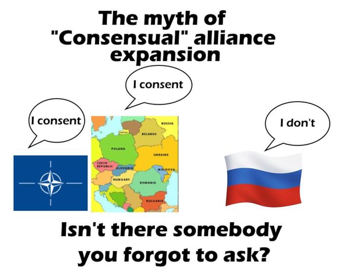 The myth of "Consensual" alliance expansion I consent (I consent POLAND BELARUS CZECH REPUBLIC SLOVAKIA HUNGARY ROMANIA RUSSIA I don't UKRAINE MOLDOVA BULGARIA Isn't there somebody you forgot to ask?